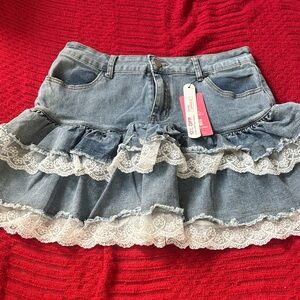 Denim Ruffle Skirt with Lace Trim